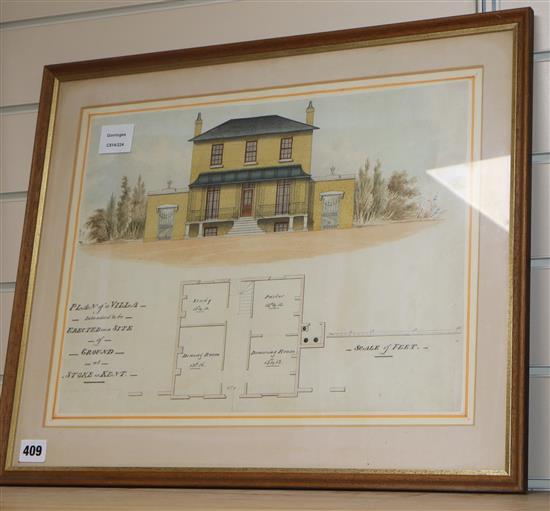 An early 19th century ink and watercolour plan for a villa to be built at Stoke in Kent, 32 x 43cm